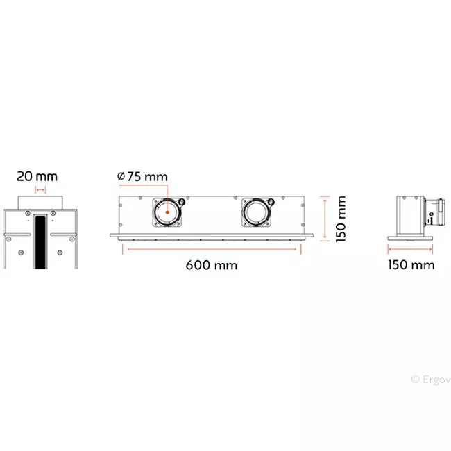 Ergovent ramlöst spaltdiffusor 600 mm med anslutningsdiameter 75 mm - profil