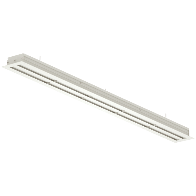 Aluminiumgaller med 1 justerbart mönsterblad – 1500 mm – RAL 9010 + Akustiskt isolerat plenum med luftflödesreglerventil