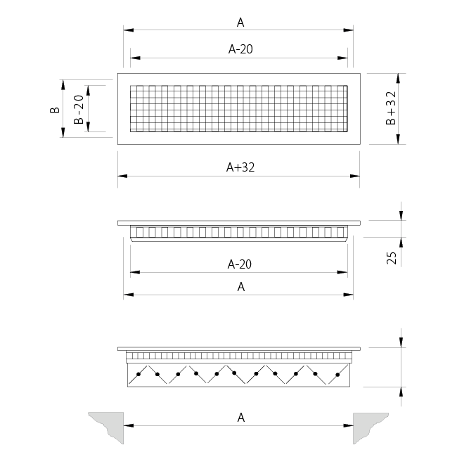 Vägggaller av aluminium med fast galler - med friktionsfjädrar - 500x200 mm - RAL 9005