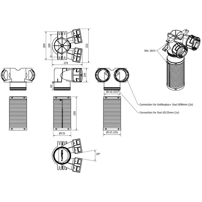 Vent-Axia Uniflexplus ventilsamlare 2 x Ø90 mm - Ø125 mm