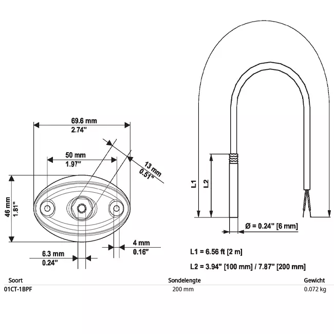 Belimo kabeltemperaturgivare PT1000 200x6 mm - 2 meter med monteringsfläns - 01CT-1BPF