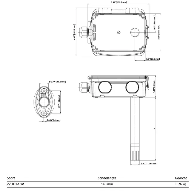 Belimo kanalgivare för luftfuktighet och temperatur - Modbus RTU - sond 140 mm - 22DTH-15M