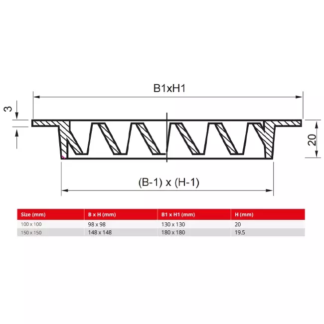 Ytterväggsgaller i aluminium 100x100 mm - RAL 9005