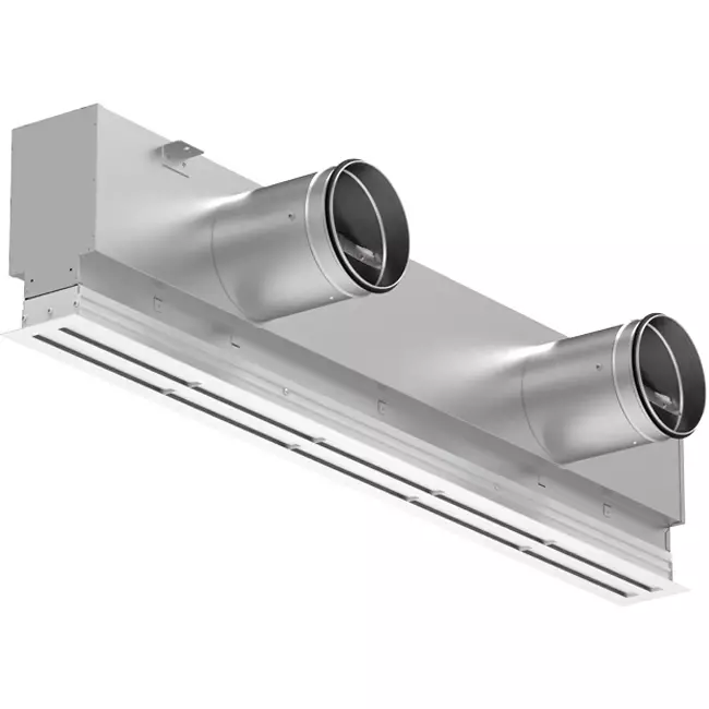 Aluminiumgaller med 1 justerbart mönsterblad – 2000 mm – RAL 9016 + Akustiskt isolerat plenum med luftflödesreglerventil