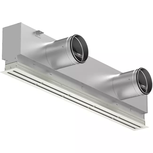 Aluminiumgaller med 1 justerbart mönsterblad – 1500 mm – RAL 9010 + Akustiskt isolerat plenum med luftflödesreglerventil
