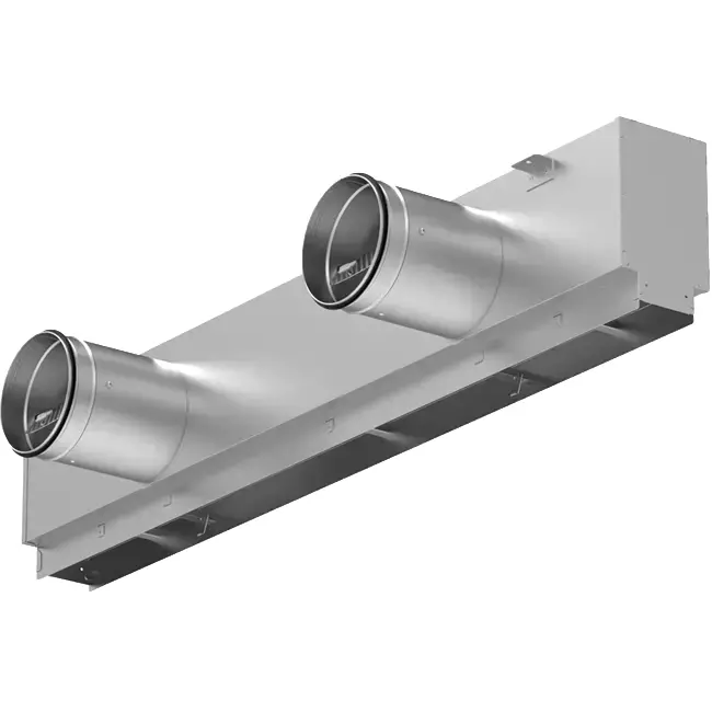 Aluminiumgaller med 1 justerbart mönsterblad – 1500 mm – RAL 9010 + Akustiskt isolerat plenum med luftflödesreglerventil