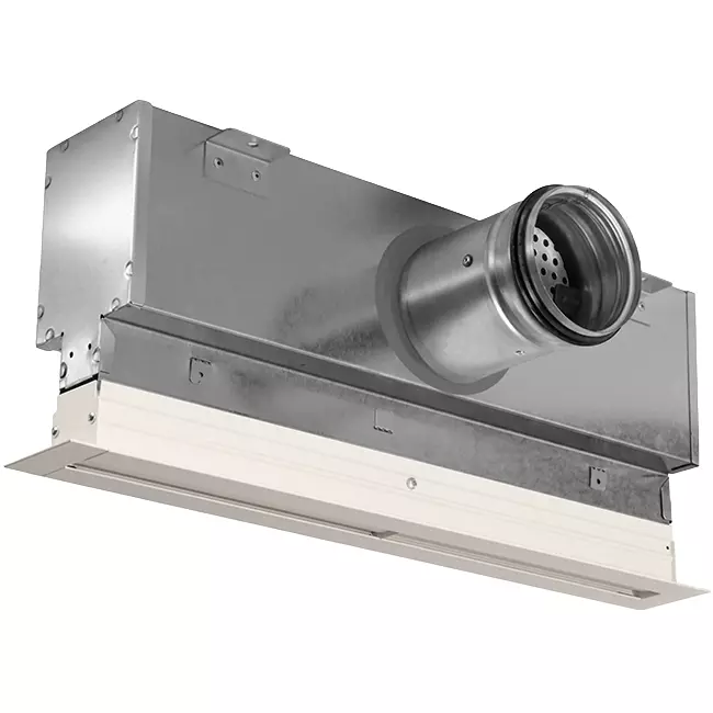 Aluminiumgaller med 2 justerbara lamellblad – 1000 mm – RAL 9010 + Akustiskt isolerat plenum med luftflödesreglerventil
