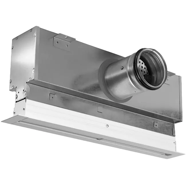 Aluminiumgaller med 1 justerbart mönsterblad – 500 mm – RAL 9016 + Akustiskt isolerat plenum med luftflödesreglerventil