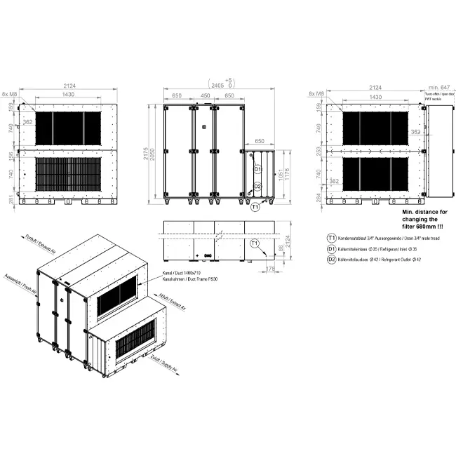 Maxivent WTW luftbehandlingsaggregat med värmehjul 5000 m³/h med DX-batteri, horisontellt till vänster – RHE 5000 H ODJL T 01