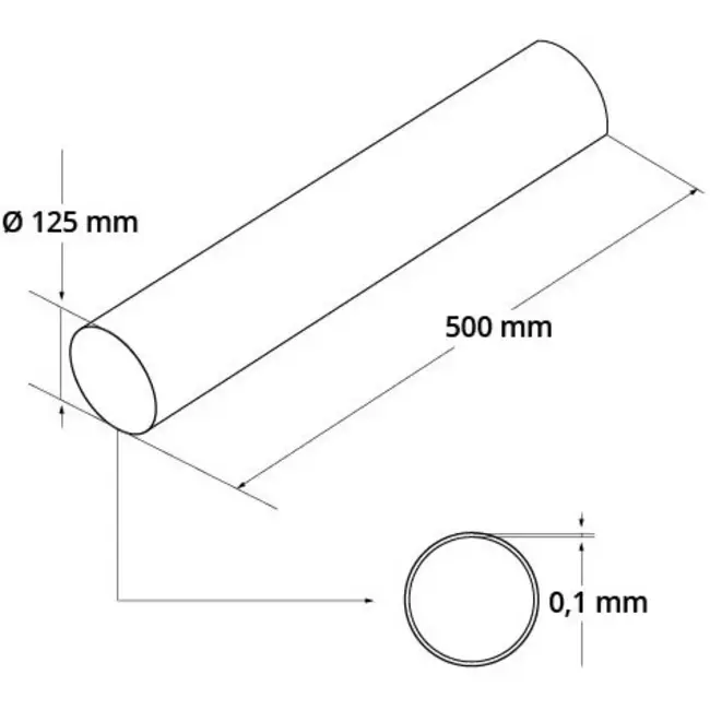 Runt ventilationsrör i plast Ø 125 mm L=0,5 meter A125-0,5