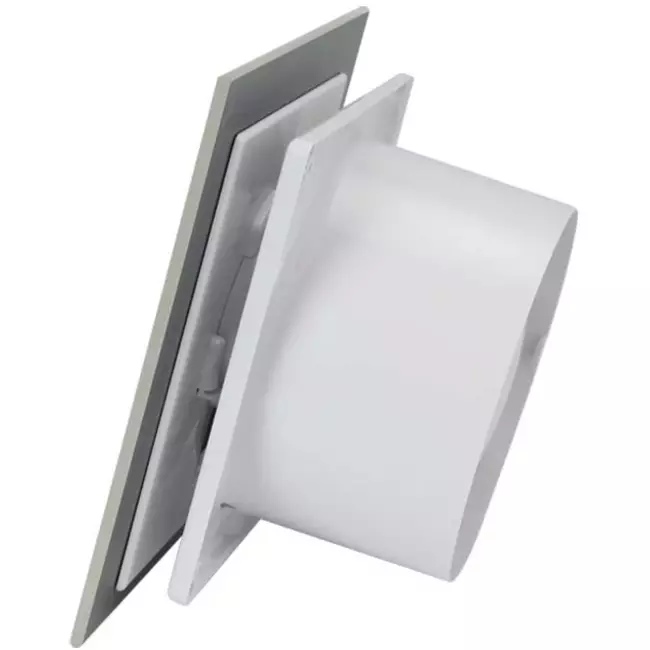 Badrumsfläkt Ø 100 mm med timer och fuktsensor – front av glas i satinsilver