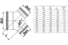 Byxrör 45° på Ø 250 mm - Ø 200 mm till spiralrör